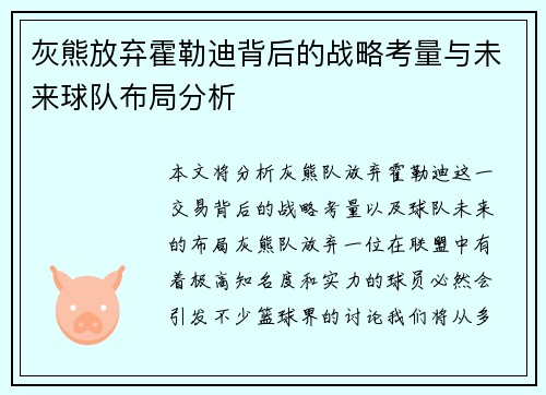 灰熊放弃霍勒迪背后的战略考量与未来球队布局分析
